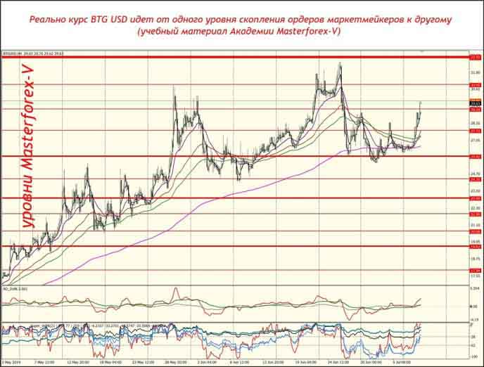 Реально курс BTG USD идёт от одного уровня скопления ордеров маркетмейкеров к другому