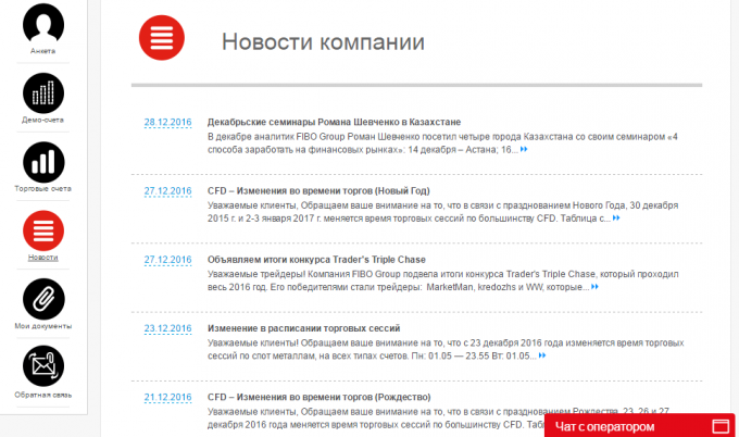 Новостное окно в личном кабинете трейдера
