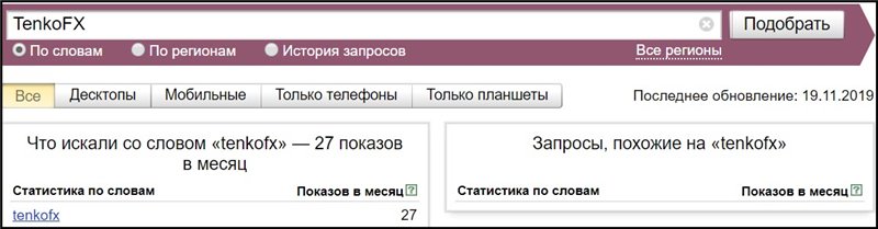 Популярность TenkoFX глазами поисковой системы Яндекс Яндекс