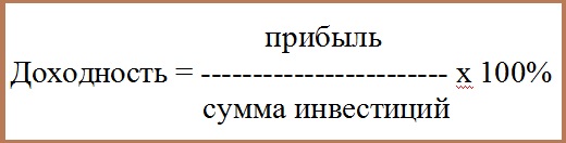 Доходность- это прибыль, деленная на сумму вложенных инвестиций, умноженная на 100%