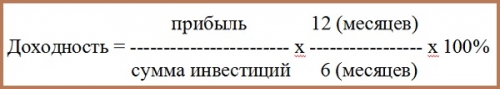 Прибыль делим на сумму инвестиции. 12 месяцев делим на количество месяцев, за которые получена прибыль.