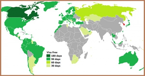 Визовая политика Южной Кореи на карте